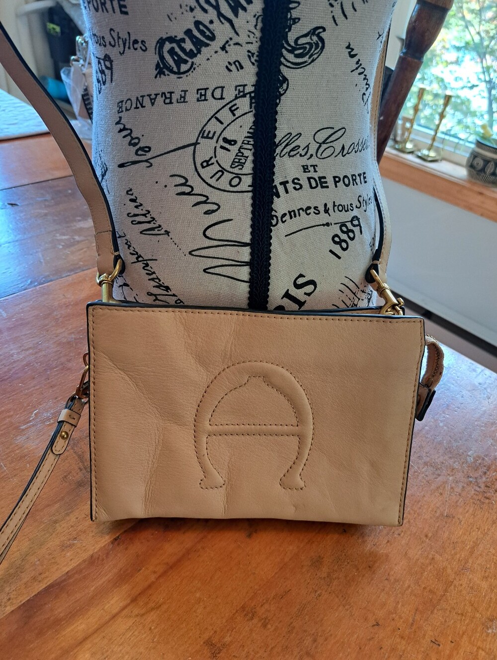 Etienne Aigner Leather Crossbody Wristlet Clutch Bag in Beige EUC